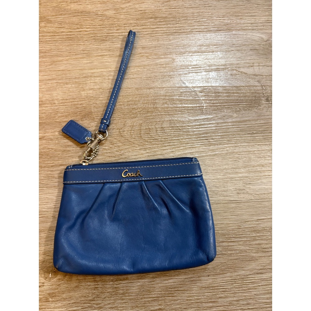 Coach Blue Leather Pleated Wristlet Pouch Gold Logo Contrast Stitching